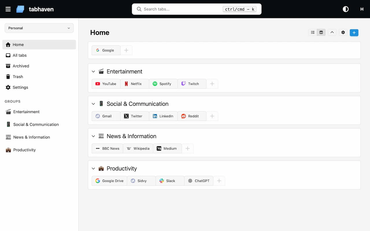 Tabhaven app showing organized browser tabs